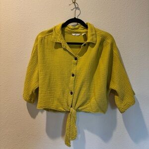 Chartreuse Button-Up Cropped Blouse